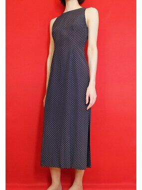 Vintage Navy/White Polka Dot Sleeveless Maxi Dress w/ Slits, Size Petite 4